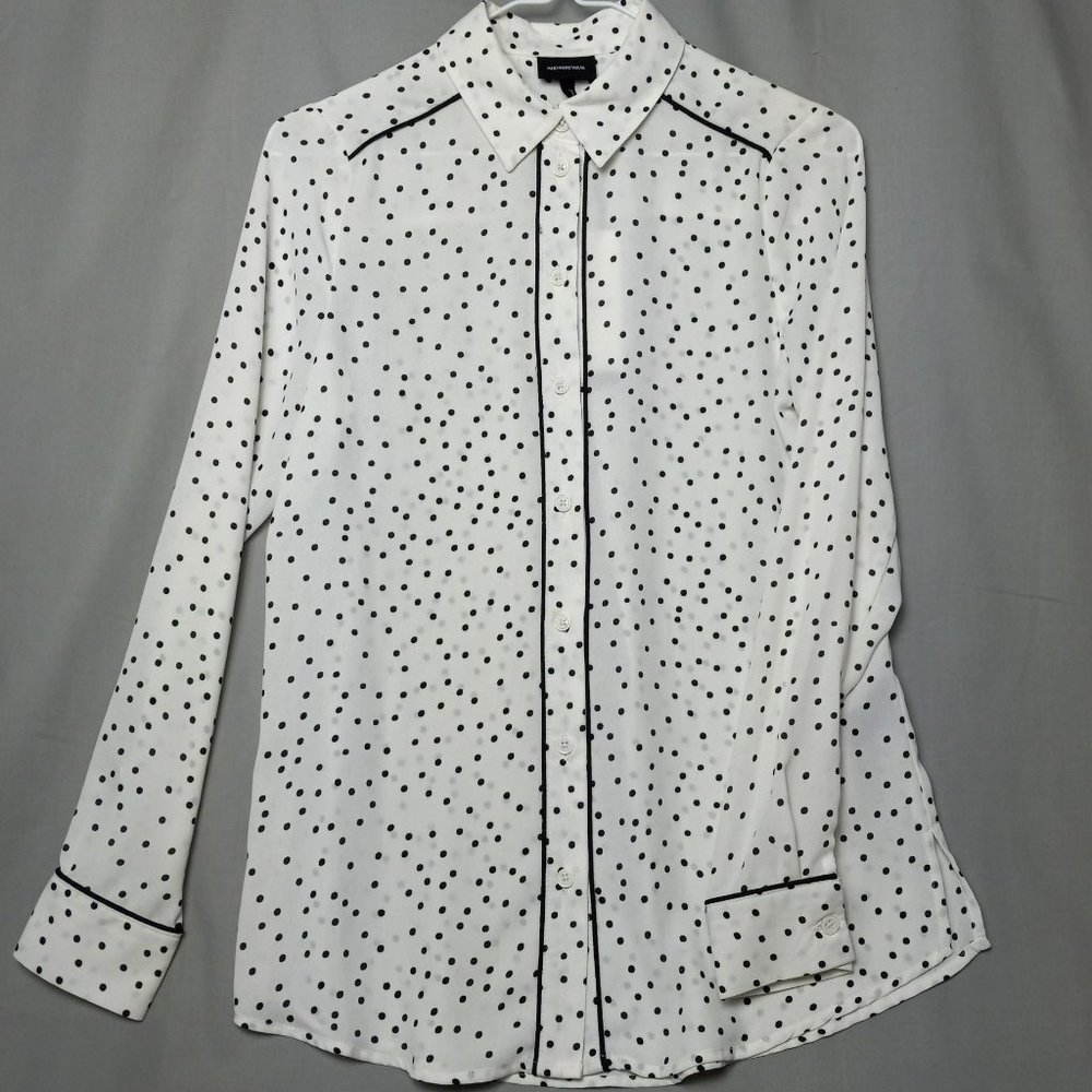 Who What Wear White Sheer Black Polka dot Blouse Button Up NWT XS Long Sleeve